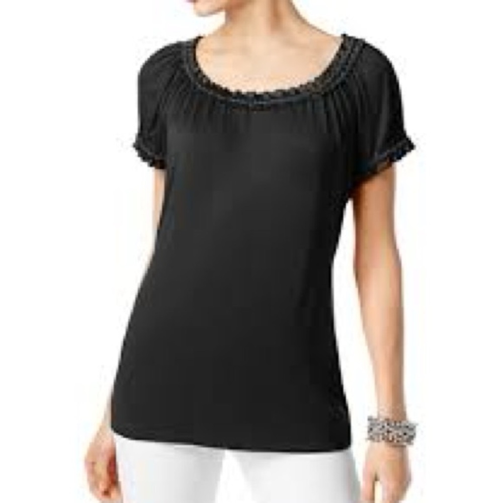 INC International Concepts Black Short Sleeve Blouse Women’s Large Career Top